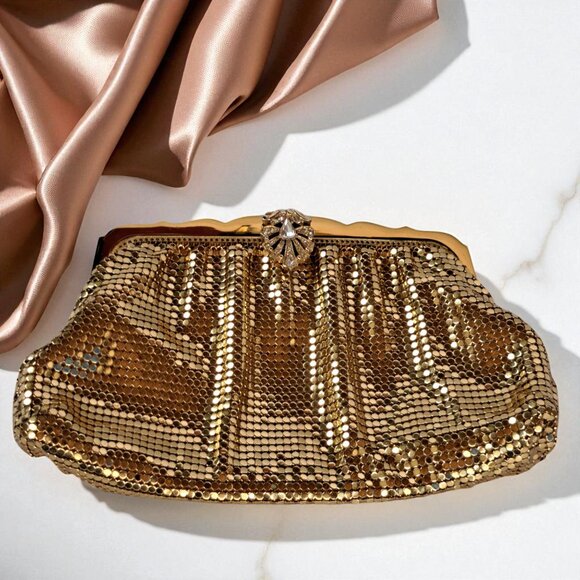 Whiting & Davis Gold Mesh Clutch Rhinestone Accent Vintage USA - Picture 7 of 13